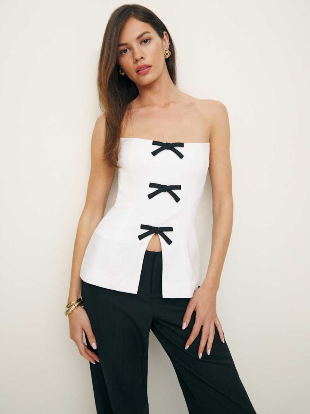 NWT Reformation Essie Linen Top White w Black Bows 4
